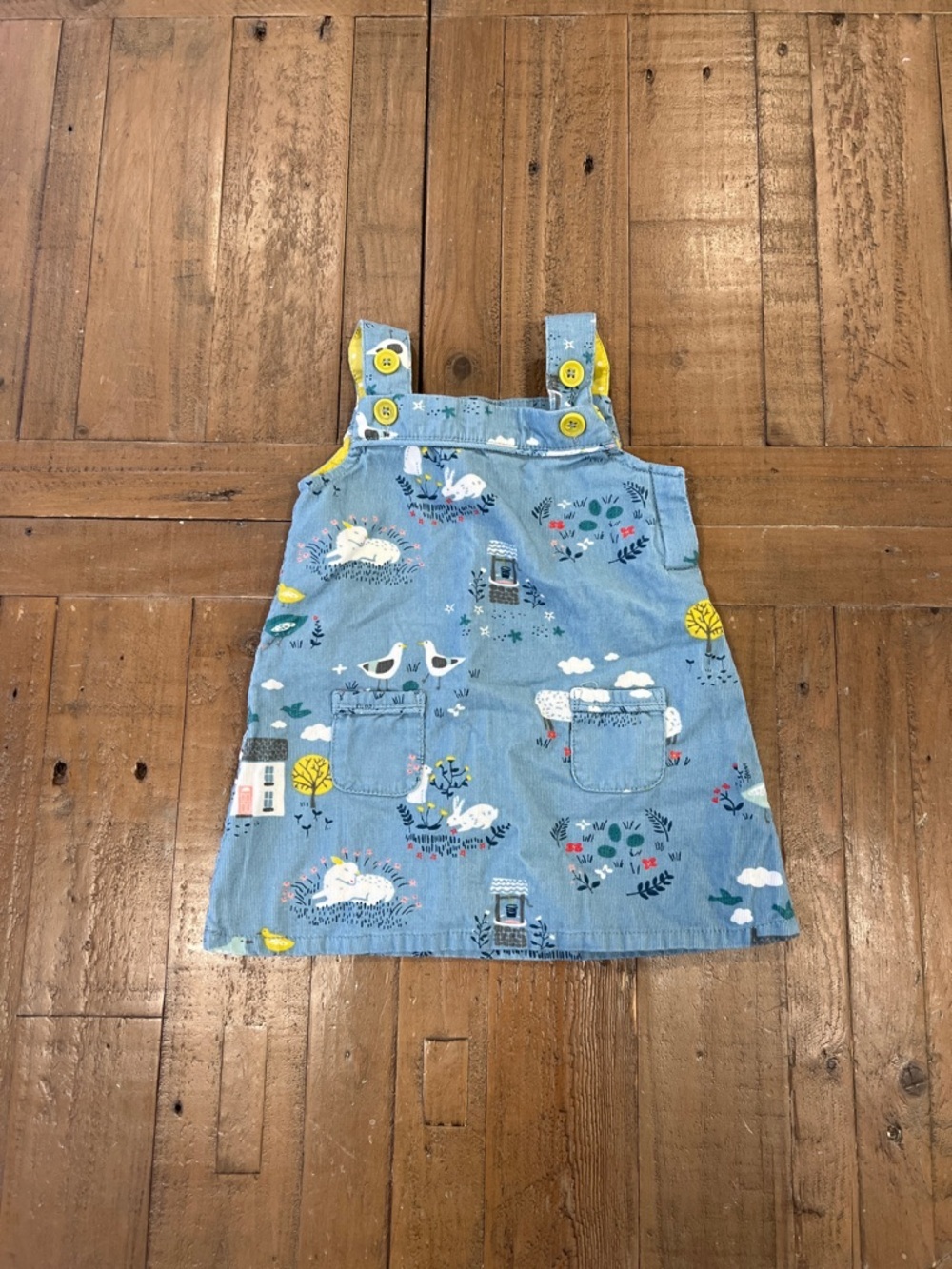 Baby Boden blue corduroy farmhouse jumper dress 3-6 months ducks lamb floral